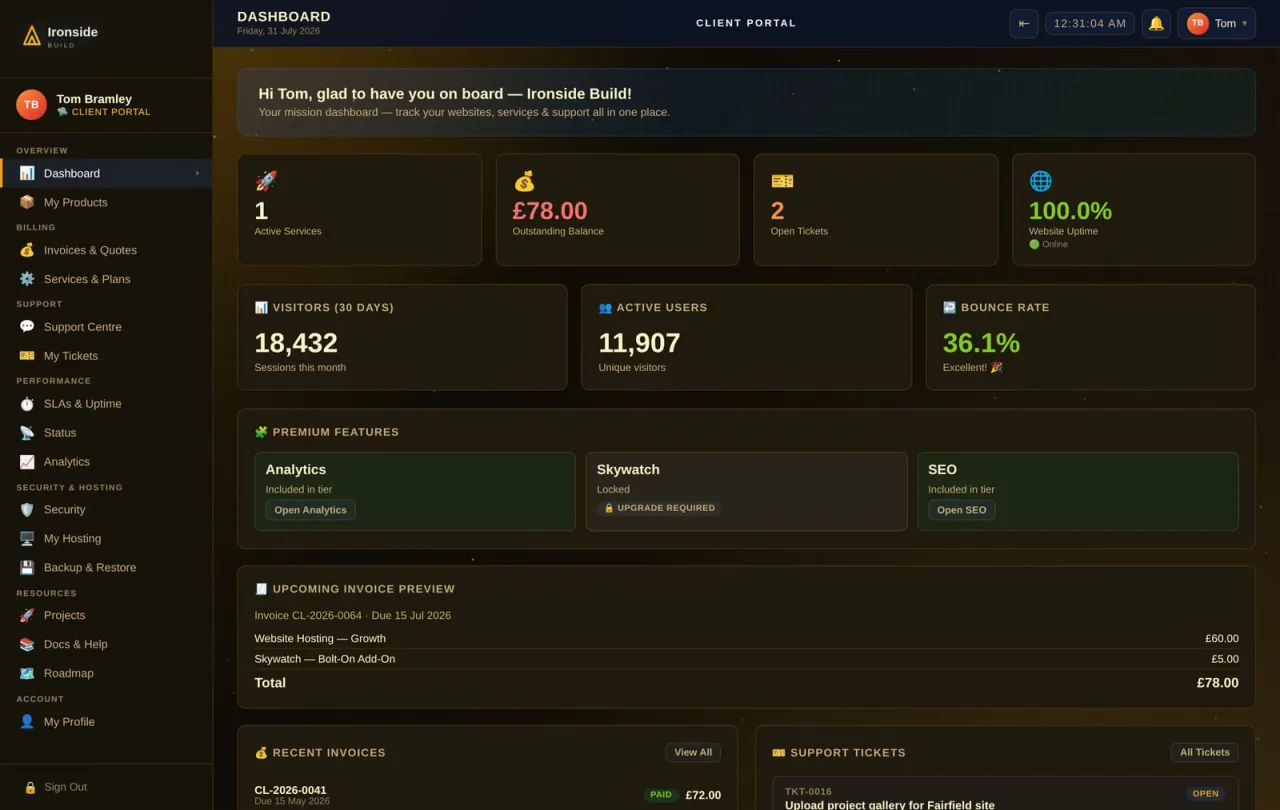 The Custom Launch client portal branded for Ironside Build, a construction & trades business