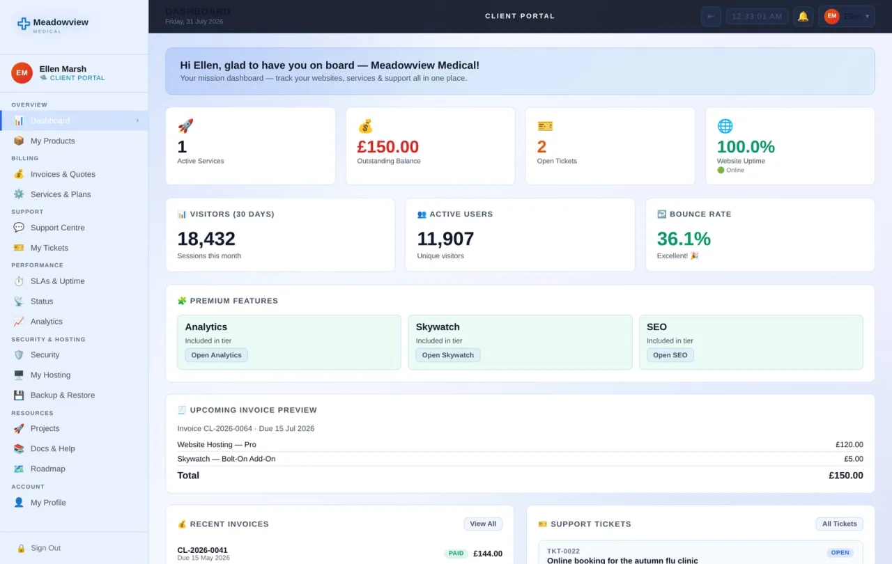The Custom Launch client portal branded for Meadowview Medical, a healthcare business