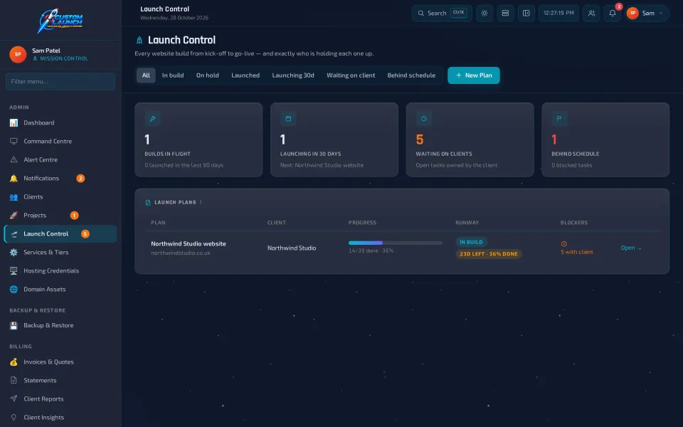 Launch Control: every website build from kick-off to go-live, and who is holding each one up