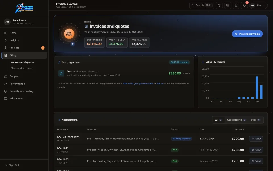 The Invoices screen in the Custom Launch client portal