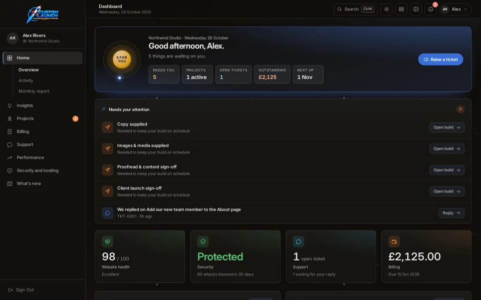 The client dashboard in the Custom Launch portal