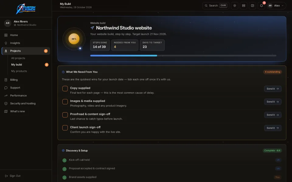 The My Build screen in the Custom Launch client portal