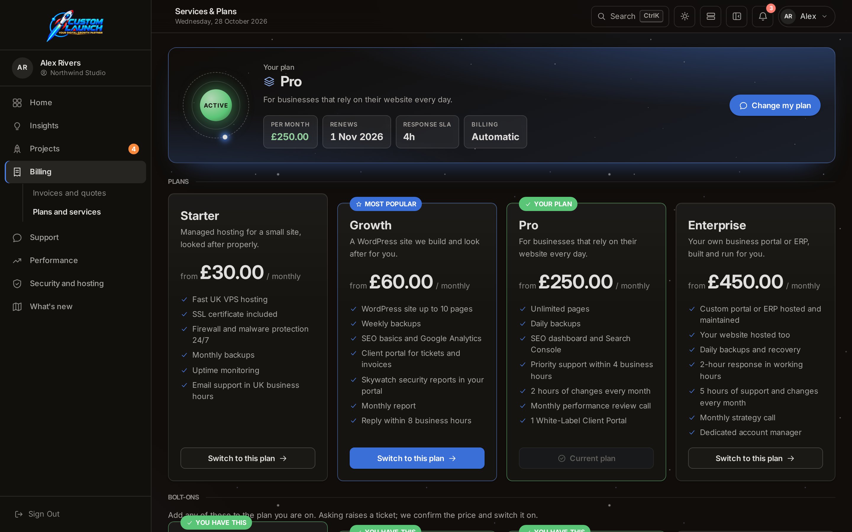 The Plans screen in the Custom Launch client portal