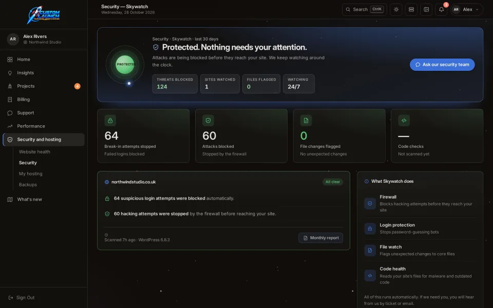 The Skywatch security screen in the Custom Launch client portal