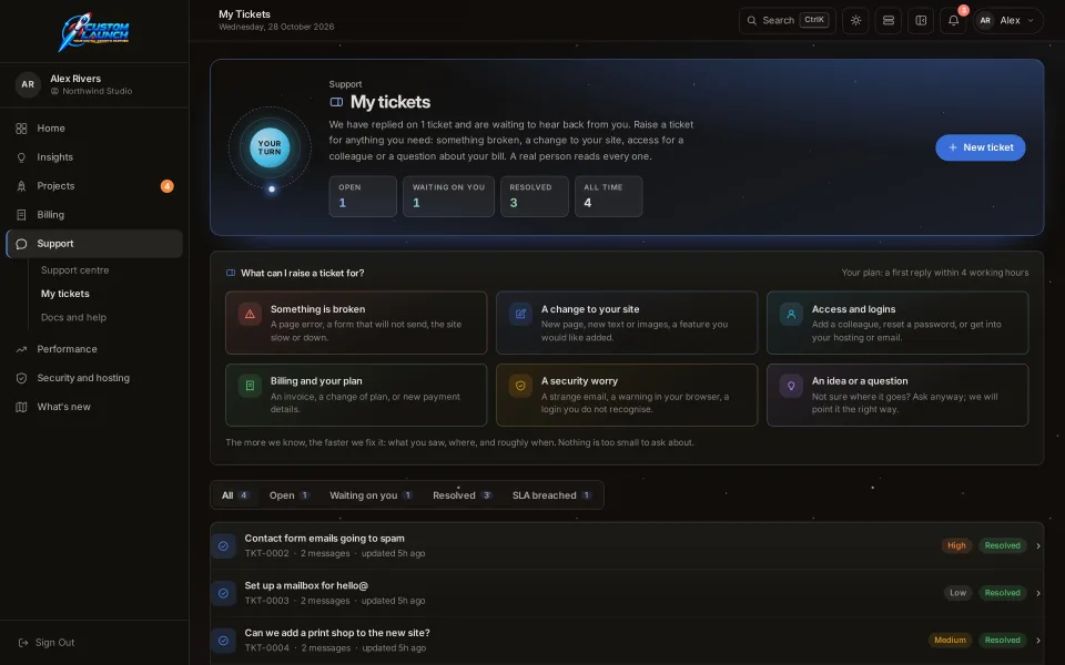 The Support screen in the Custom Launch client portal